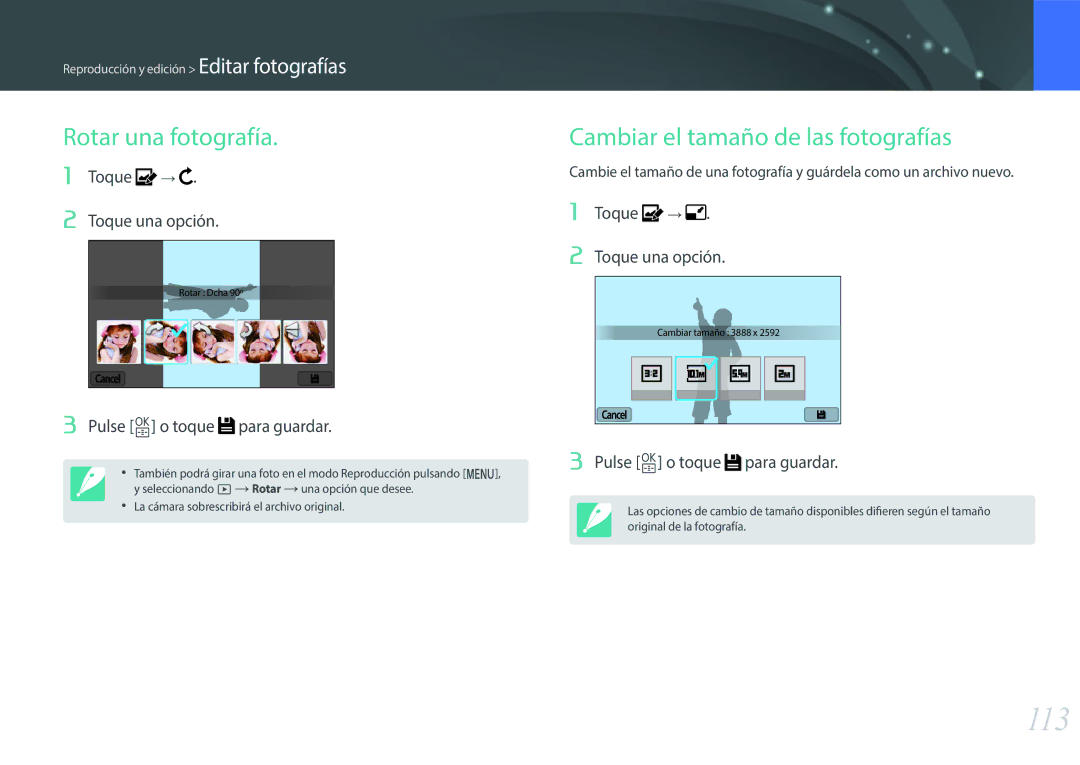 Samsung EV-NXF1ZZB1HES manual 113, Rotar una fotografía, Cambiar el tamaño de las fotografías, Toque Toque una opción 