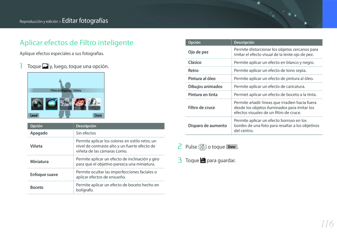 Samsung EV-NXF1ZZB1QES, EV-NXF1ZZB1KES manual 116, Aplicar efectos de Filtro inteligente, Toque y, luego, toque una opción 