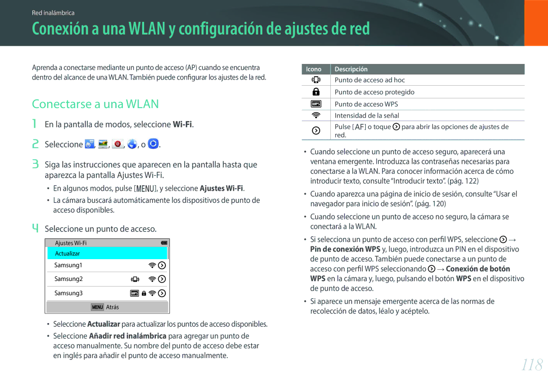 Samsung EV-NXF1ZZB1JES, EV-NXF1ZZB1KES Conexión a una Wlan y configuración de ajustes de red, 118, Conectarse a una Wlan 