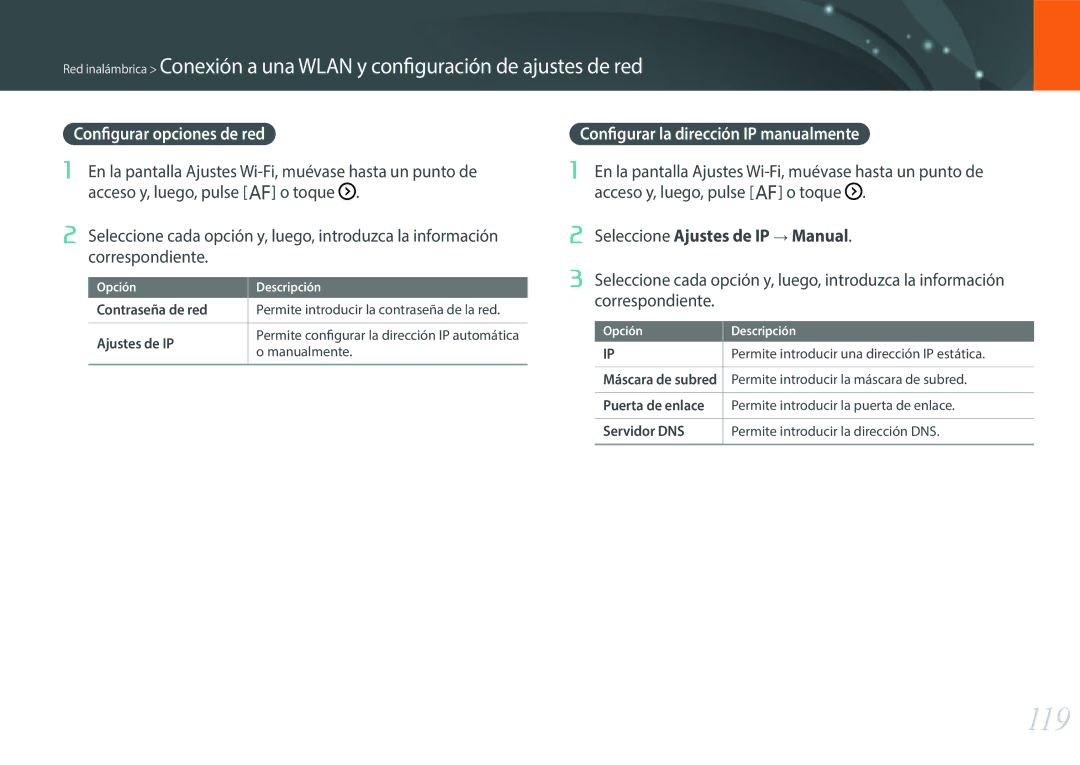 Samsung EV-NXF1ZZB1KES 119, Configurar opciones de red, Configurar la dirección IP manualmente, Manualmente, Servidor DNS 