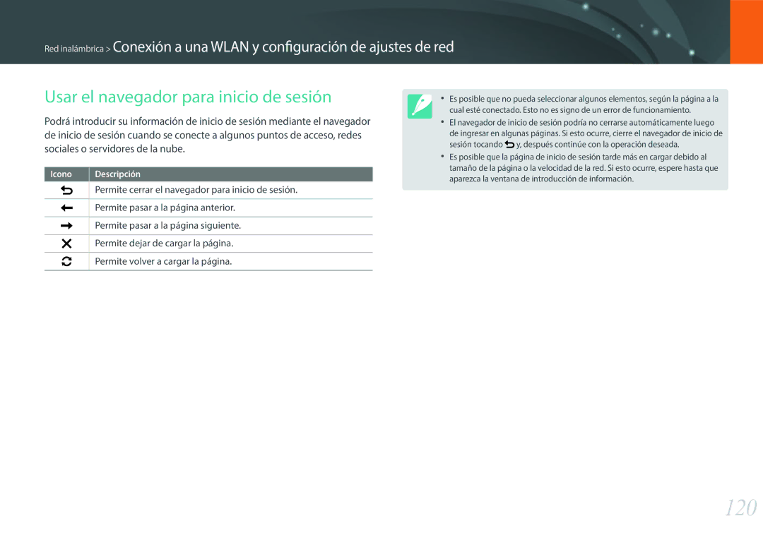 Samsung EV-NXF1ZZB1QES, EV-NXF1ZZB1KES, EV-NXF1ZZB1HES, EV-NXF1ZZB1JES manual 120, Usar el navegador para inicio de sesión 