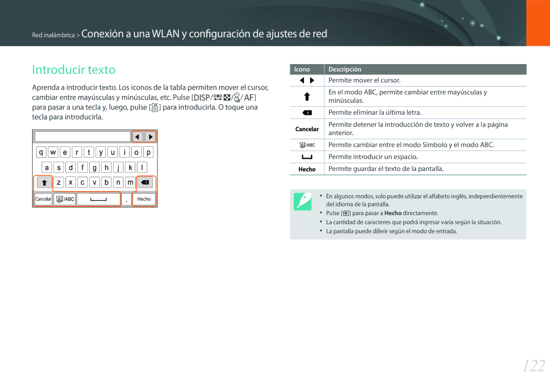 Samsung EV-NXF1ZZB1JES, EV-NXF1ZZB1KES, EV-NXF1ZZB1QES, EV-NXF1ZZB1HES manual 122, Introducir texto 