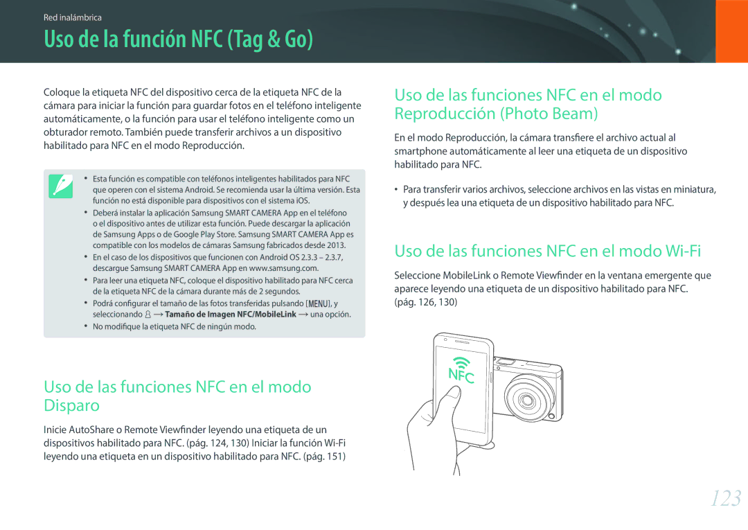 Samsung EV-NXF1ZZB1KES manual 123, Uso de las funciones NFC en el modo Disparo, Uso de las funciones NFC en el modo Wi-Fi 