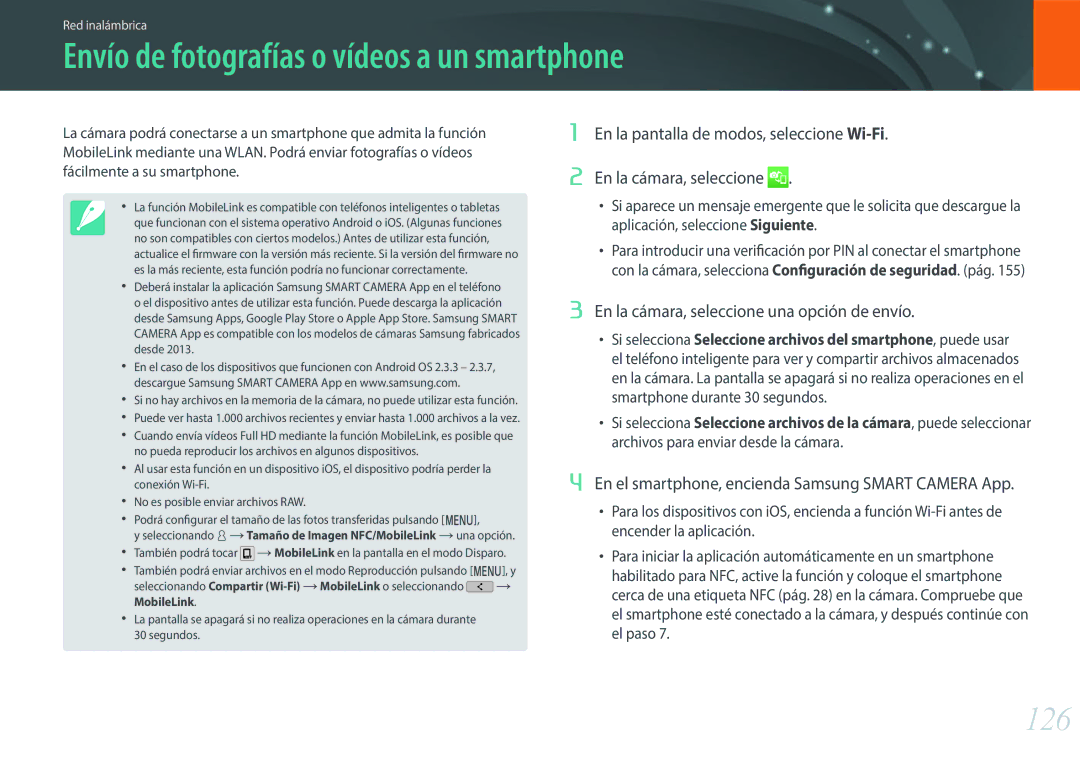 Samsung EV-NXF1ZZB1JES Envío de fotografías o vídeos a un smartphone, 126, En la cámara, seleccione una opción de envío 