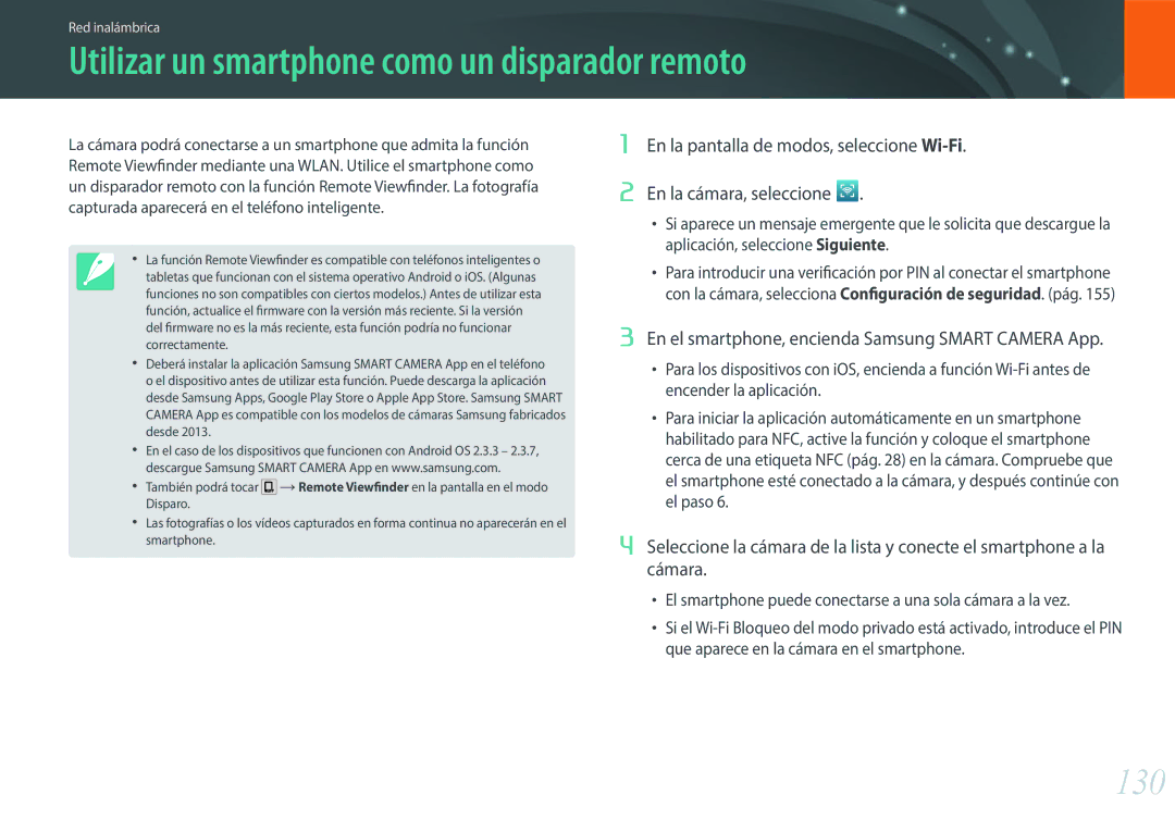 Samsung EV-NXF1ZZB1JES, EV-NXF1ZZB1KES, EV-NXF1ZZB1QES, EV-NXF1ZZB1HES Utilizar un smartphone como un disparador remoto, 130 