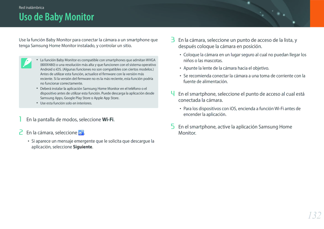 Samsung EV-NXF1ZZB1QES manual Uso de Baby Monitor, 132, En el smartphone, active la aplicación Samsung Home Monitor 