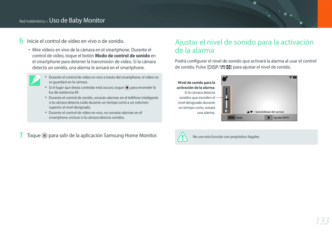 Samsung EV-NXF1ZZB1HES, EV-NXF1ZZB1KES, EV-NXF1ZZB1QES manual 133, Ajustar el nivel de sonido para la activación de la alarma 