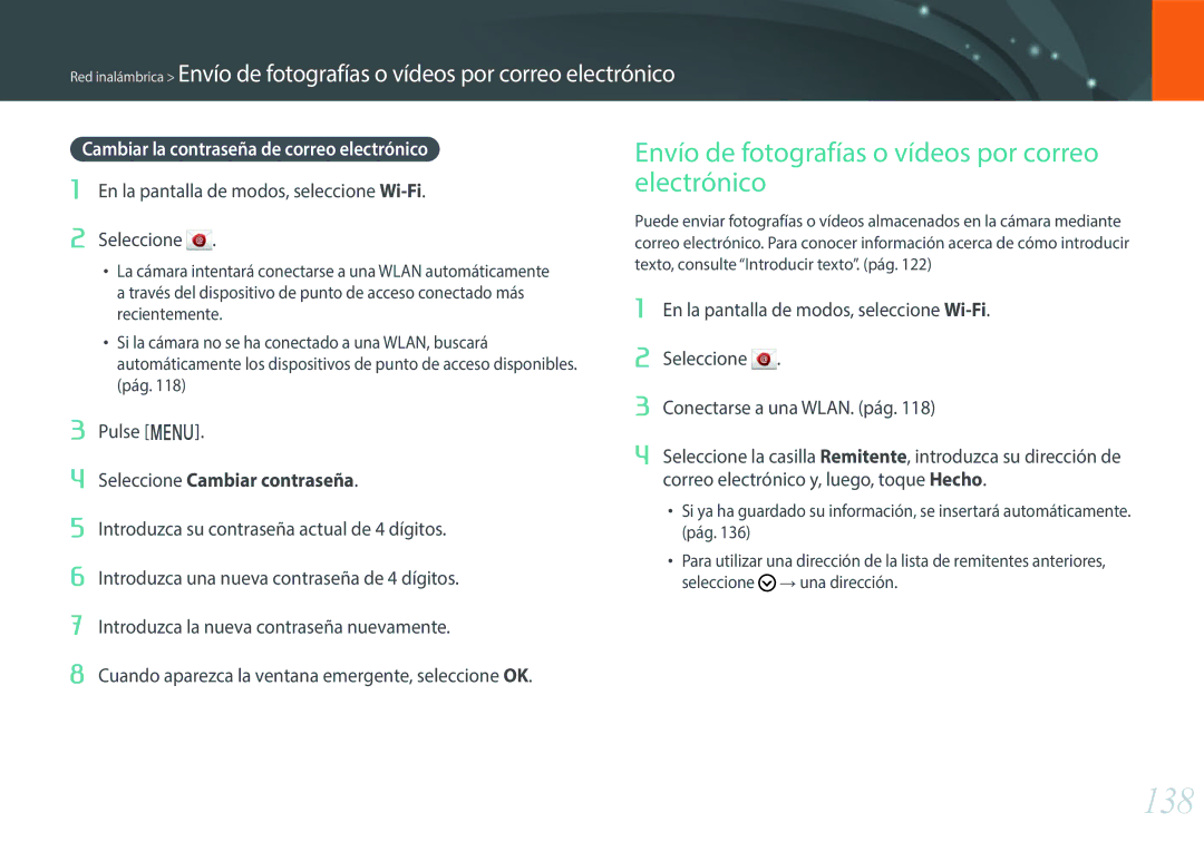 Samsung EV-NXF1ZZB1JES, EV-NXF1ZZB1KES, EV-NXF1ZZB1QES manual 138, Envío de fotografías o vídeos por correo electrónico 