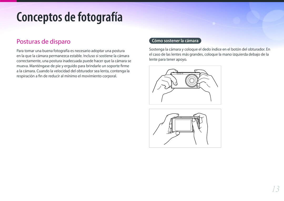 Samsung EV-NXF1ZZB1HES, EV-NXF1ZZB1KES, EV-NXF1ZZB1QES, EV-NXF1ZZB1JES manual Conceptos de fotografía, Cómo sostener la cámara 