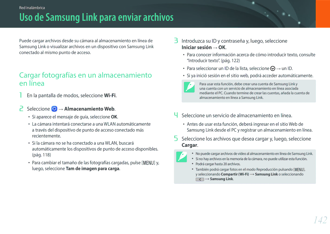 Samsung EV-NXF1ZZB1JES Uso de Samsung Link para enviar archivos, 142, Cargar fotografías en un almacenamiento en línea 