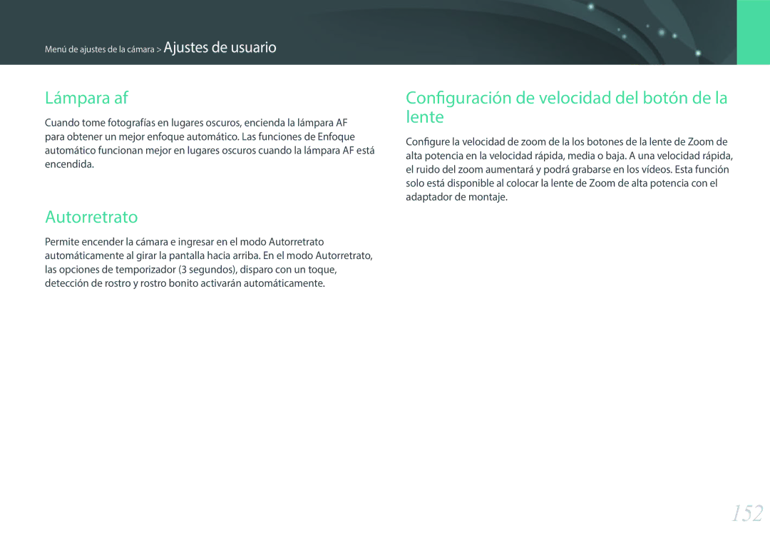 Samsung EV-NXF1ZZB1QES, EV-NXF1ZZB1KES 152, Lámpara af, Autorretrato, Configuración de velocidad del botón de la lente 