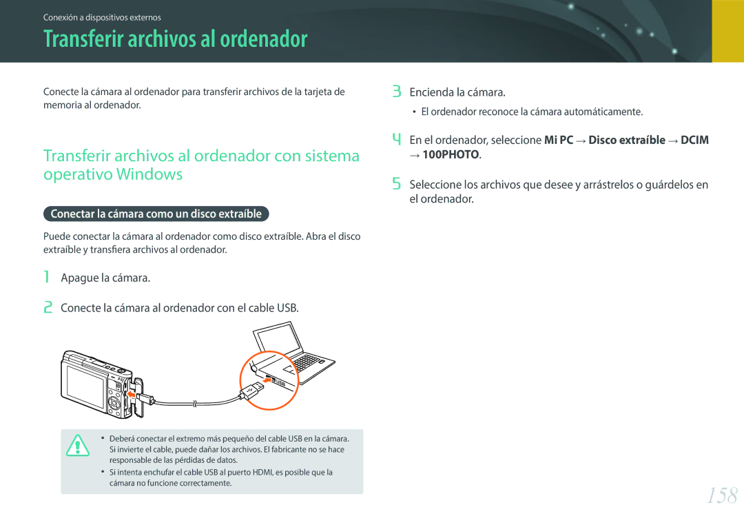 Samsung EV-NXF1ZZB1JES, EV-NXF1ZZB1KES, EV-NXF1ZZB1QES, EV-NXF1ZZB1HES manual 158, Conectar la cámara como un disco extraíble 