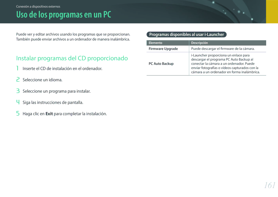 Samsung EV-NXF1ZZB1HES manual 161, Instalar programas del CD proporcionado, Programas disponibles al usar i-Launcher 