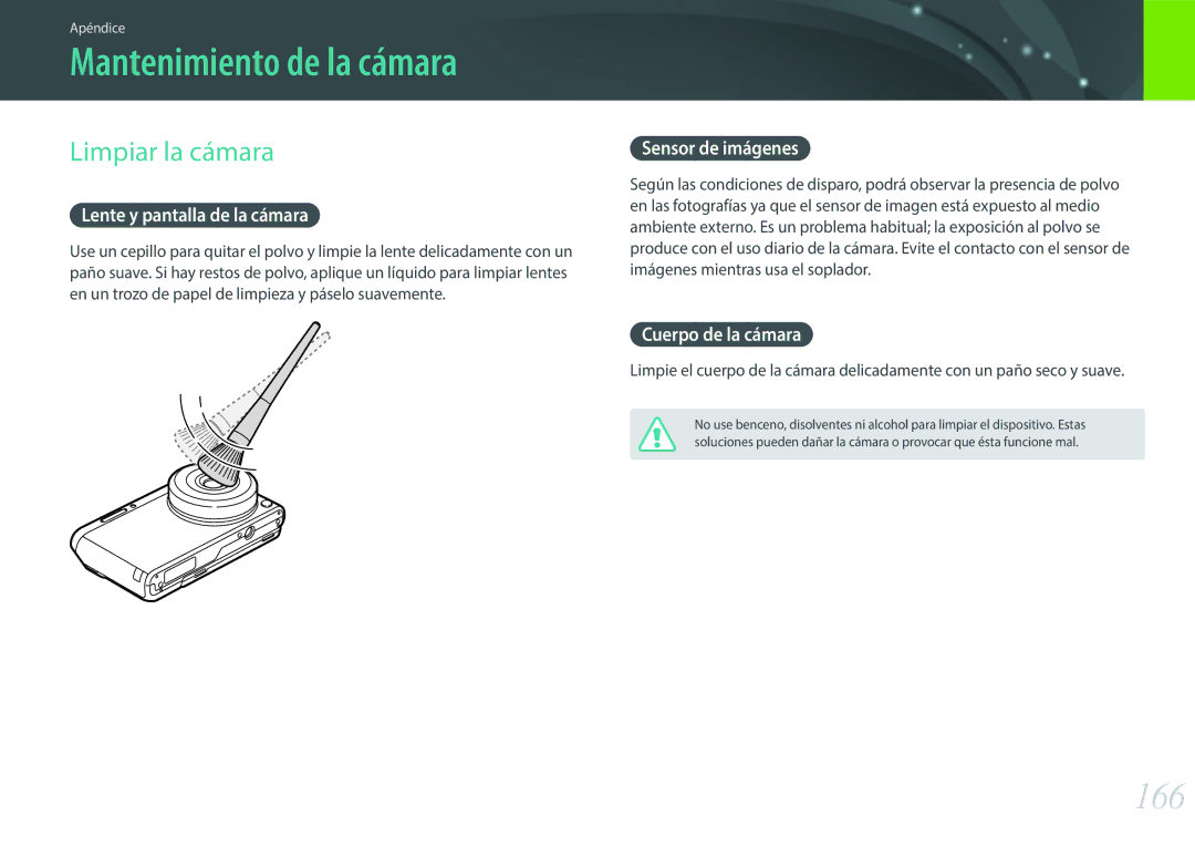 Samsung EV-NXF1ZZB1JES, EV-NXF1ZZB1KES, EV-NXF1ZZB1QES, EV-NXF1ZZB1HES Mantenimiento de la cámara, 166, Limpiar la cámara 