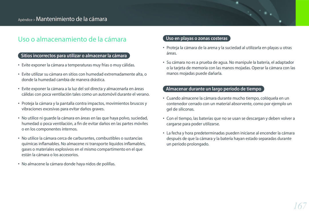 Samsung EV-NXF1ZZB1KES 167, Uso o almacenamiento de la cámara, Sitios incorrectos para utilizar o almacenar la cámara 