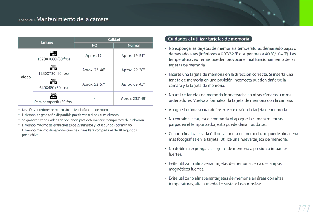 Samsung EV-NXF1ZZB1KES, EV-NXF1ZZB1QES, EV-NXF1ZZB1HES manual 171, Cuidados al utilizar tarjetas de memoria, Aprox, Vídeo 