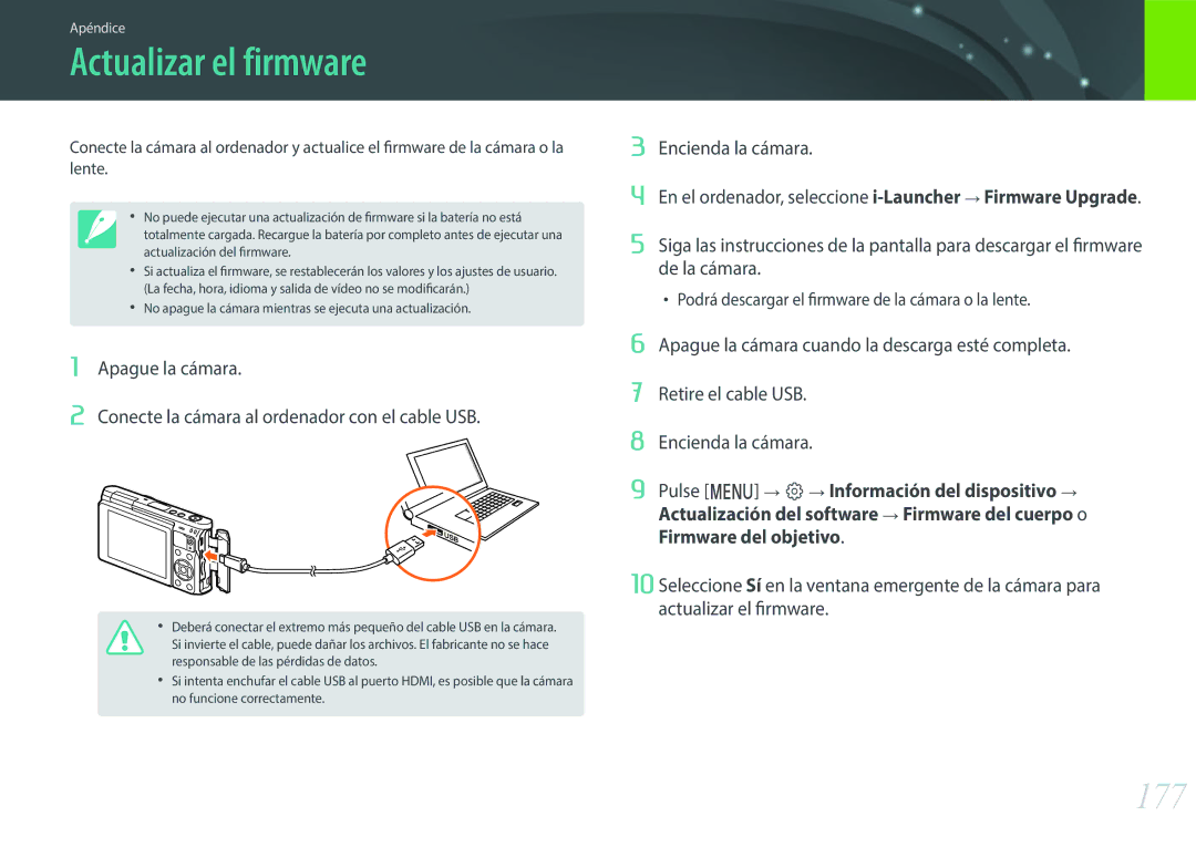 Samsung EV-NXF1ZZB1HES, EV-NXF1ZZB1KES, EV-NXF1ZZB1QES, EV-NXF1ZZB1JES manual Actualizar el firmware, 177 