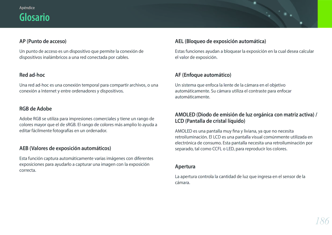 Samsung EV-NXF1ZZB1JES, EV-NXF1ZZB1KES, EV-NXF1ZZB1QES, EV-NXF1ZZB1HES manual Glosario, 186 