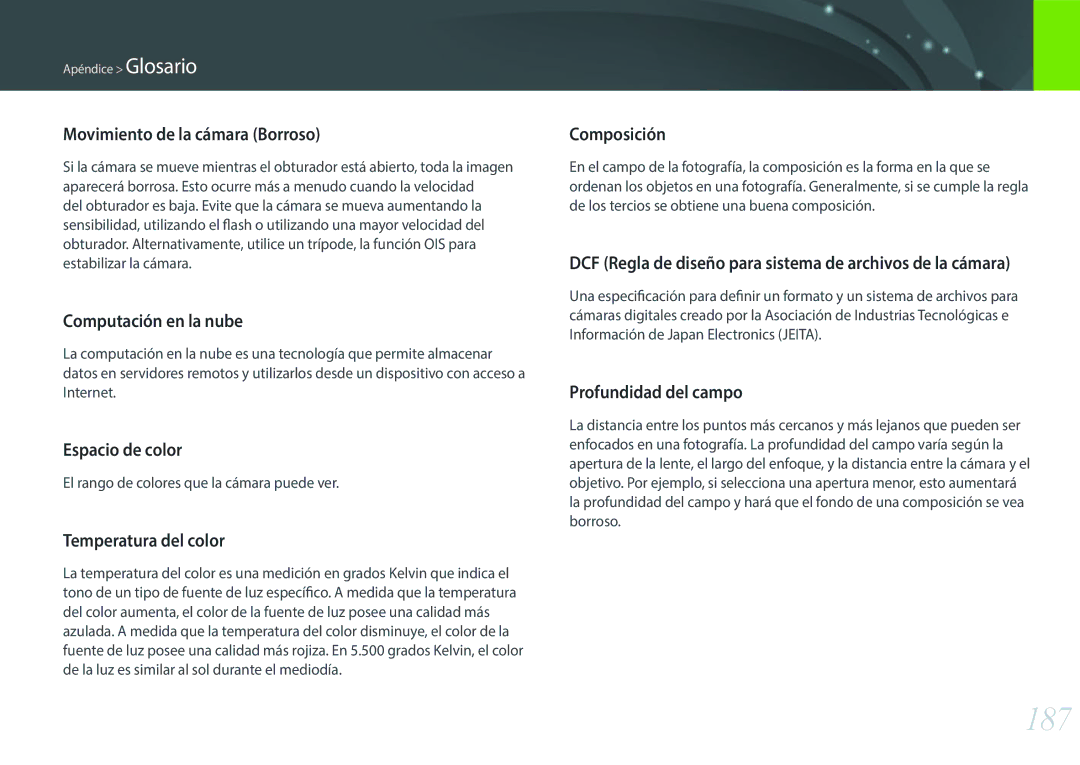 Samsung EV-NXF1ZZB1KES, EV-NXF1ZZB1QES, EV-NXF1ZZB1HES, EV-NXF1ZZB1JES manual 187, Movimiento de la cámara Borroso 