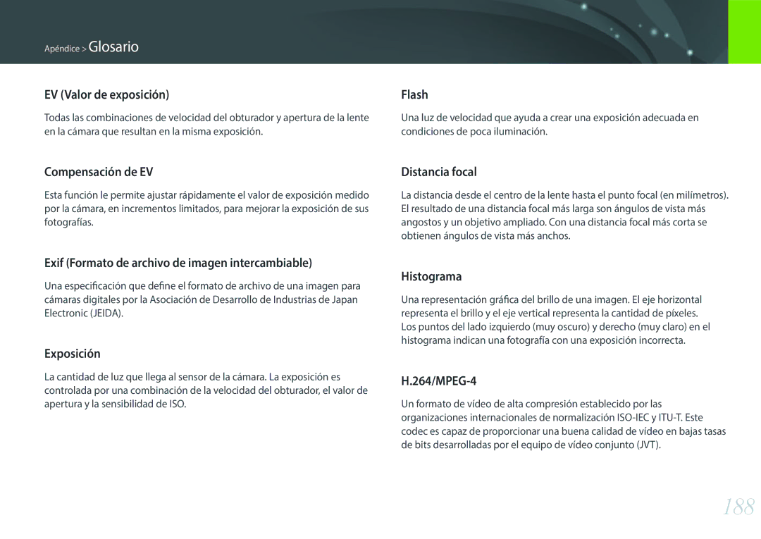 Samsung EV-NXF1ZZB1QES, EV-NXF1ZZB1KES, EV-NXF1ZZB1HES, EV-NXF1ZZB1JES manual 188, EV Valor de exposición 