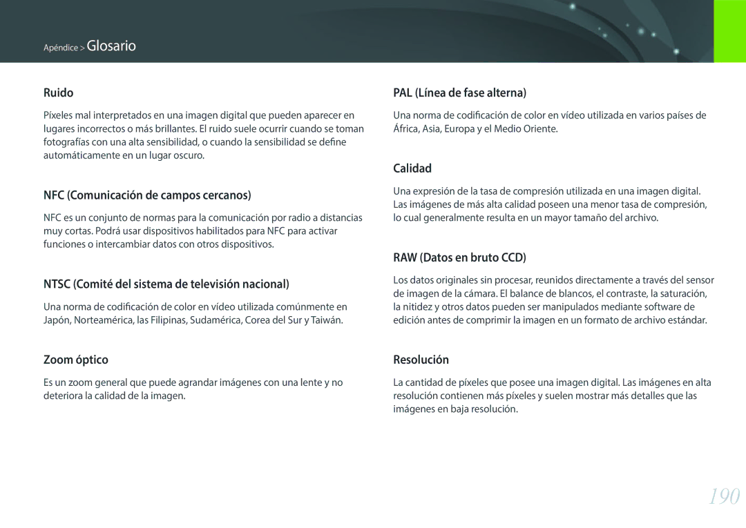 Samsung EV-NXF1ZZB1JES, EV-NXF1ZZB1KES, EV-NXF1ZZB1QES, EV-NXF1ZZB1HES manual 190, Ruido 