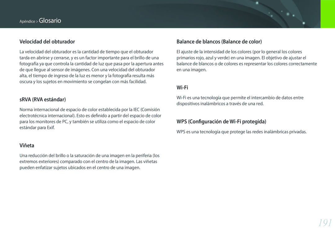 Samsung EV-NXF1ZZB1KES, EV-NXF1ZZB1QES, EV-NXF1ZZB1HES, EV-NXF1ZZB1JES manual 191, Velocidad del obturador 