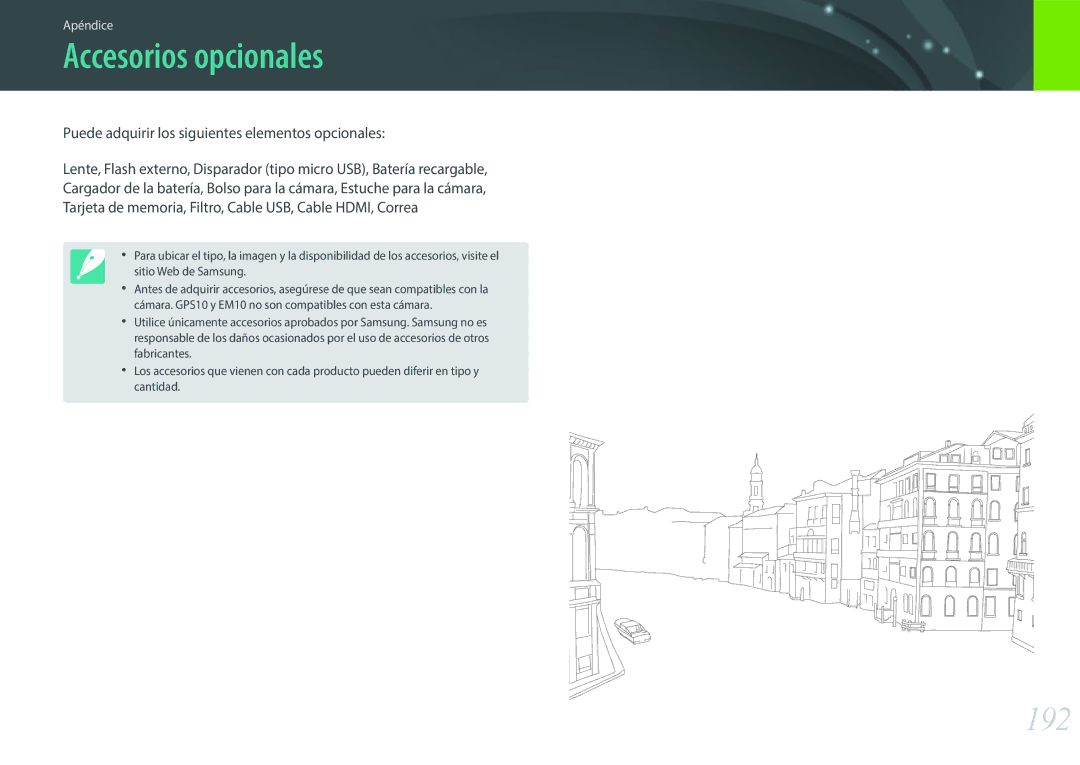 Samsung EV-NXF1ZZB1QES, EV-NXF1ZZB1KES, EV-NXF1ZZB1HES, EV-NXF1ZZB1JES manual Accesorios opcionales, 192 