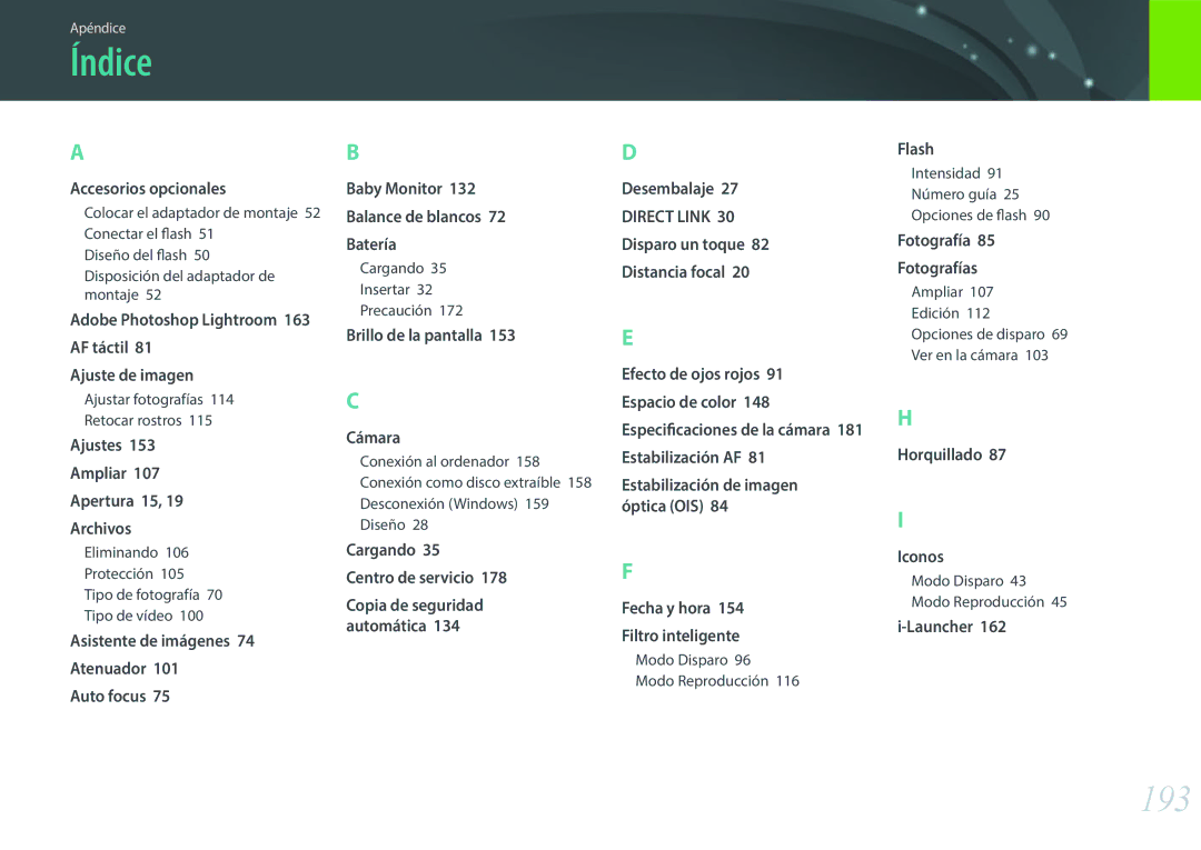 Samsung EV-NXF1ZZB1HES, EV-NXF1ZZB1KES, EV-NXF1ZZB1QES, EV-NXF1ZZB1JES manual Índice, 193, Adobe Photoshop Lightroom 