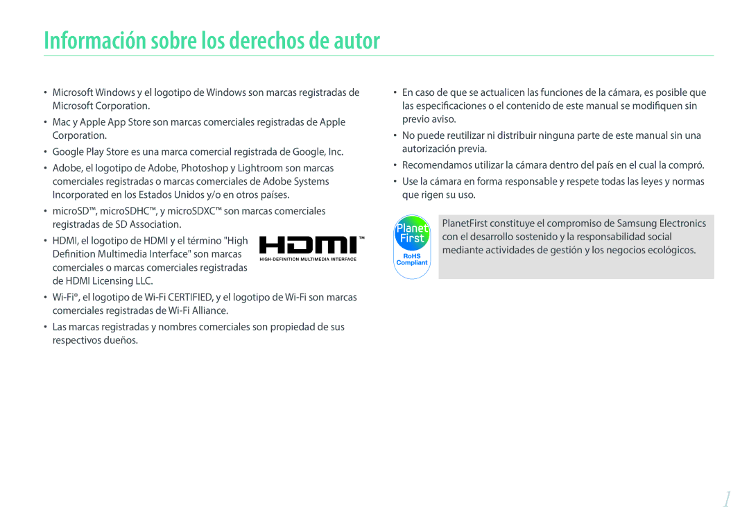 Samsung EV-NXF1ZZB1HES, EV-NXF1ZZB1KES, EV-NXF1ZZB1QES, EV-NXF1ZZB1JES manual Información sobre los derechos de autor 