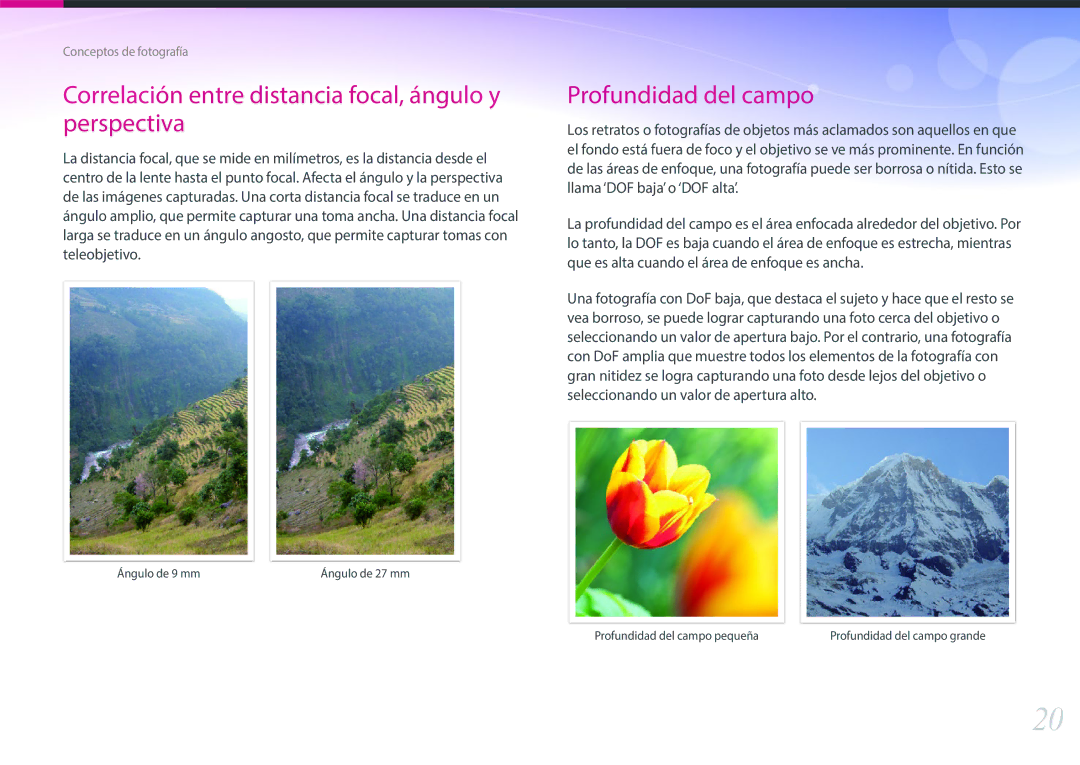 Samsung EV-NXF1ZZB1QES, EV-NXF1ZZB1KES, EV-NXF1ZZB1HES manual Correlación entre distancia focal, ángulo y perspectiva 