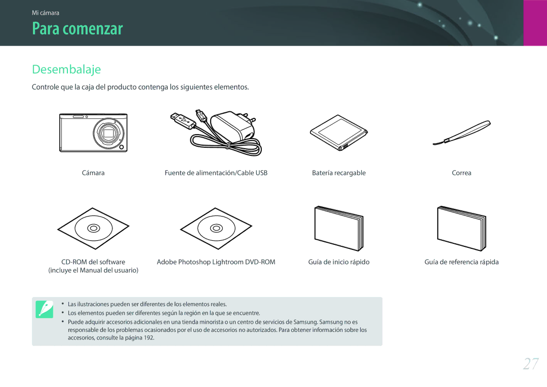 Samsung EV-NXF1ZZB1KES, EV-NXF1ZZB1QES, EV-NXF1ZZB1HES Para comenzar, Desembalaje, Cámara Fuente de alimentación/Cable USB 