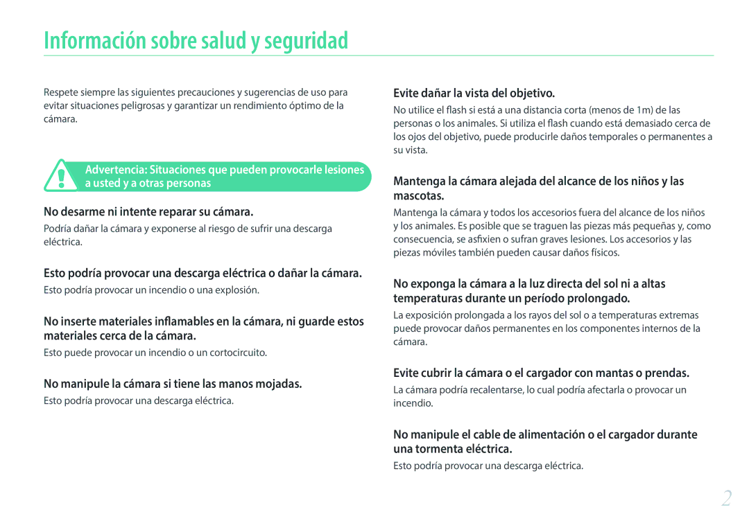 Samsung EV-NXF1ZZB1JES, EV-NXF1ZZB1KES manual Información sobre salud y seguridad, No desarme ni intente reparar su cámara 