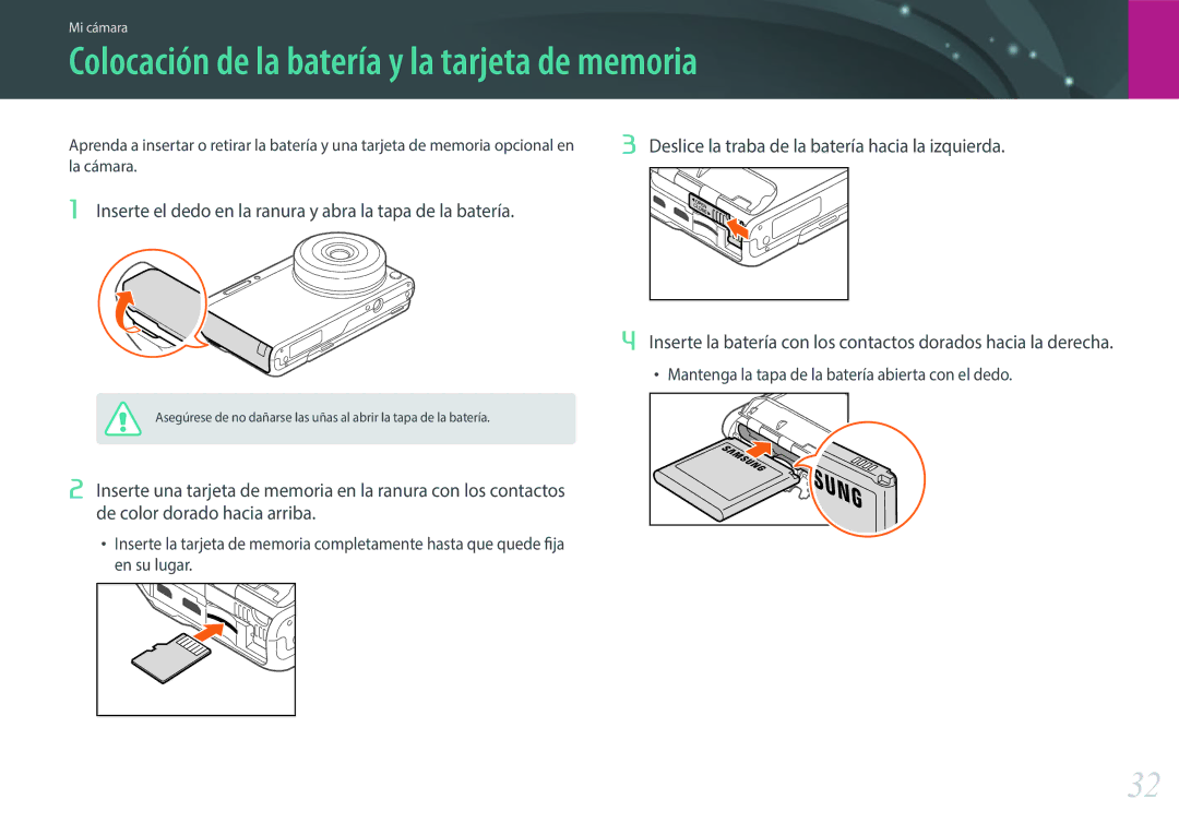 Samsung EV-NXF1ZZB1QES, EV-NXF1ZZB1KES, EV-NXF1ZZB1HES, EV-NXF1ZZB1JES manual Colocación de la batería y la tarjeta de memoria 