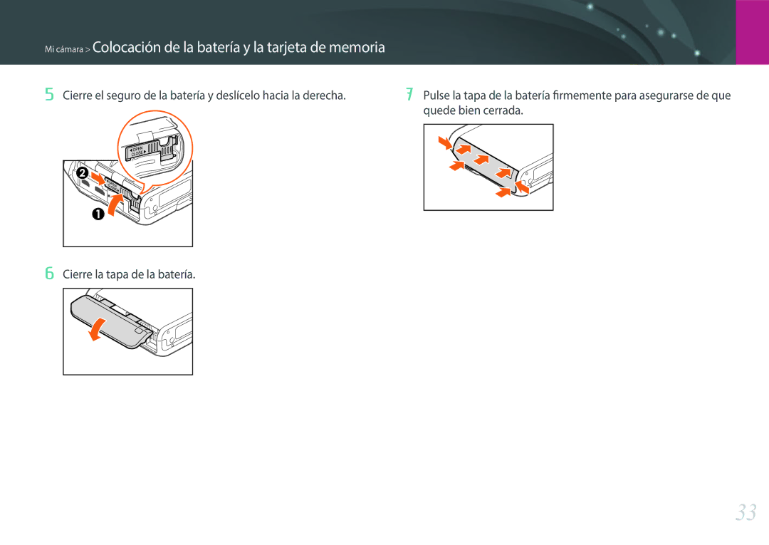 Samsung EV-NXF1ZZB1HES, EV-NXF1ZZB1KES, EV-NXF1ZZB1QES manual Mi cámara Colocación de la batería y la tarjeta de memoria 