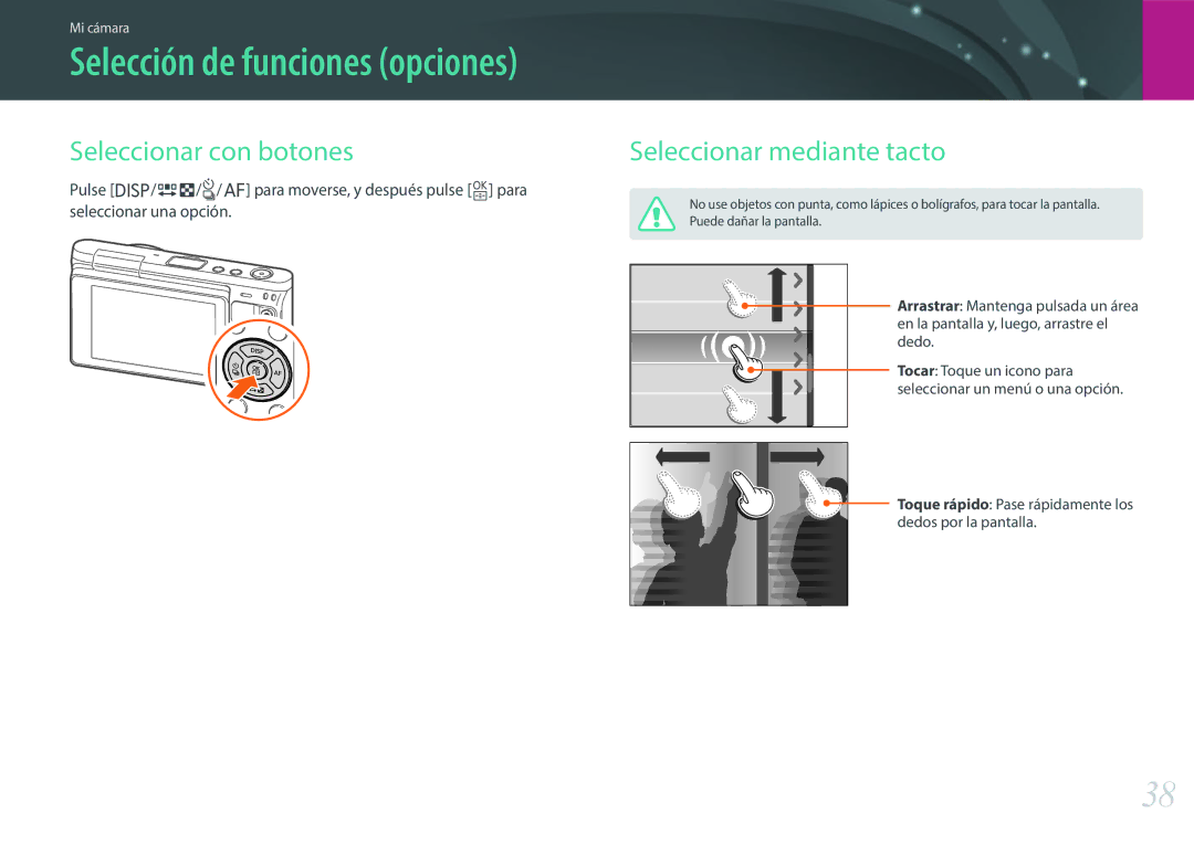 Samsung EV-NXF1ZZB1JES, EV-NXF1ZZB1KES, EV-NXF1ZZB1QES, EV-NXF1ZZB1HES Seleccionar con botones, Seleccionar mediante tacto 