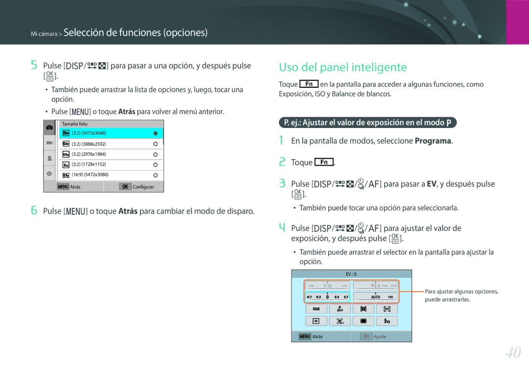 Samsung EV-NXF1ZZB1QES, EV-NXF1ZZB1KES Uso del panel inteligente, Pulse D/I para pasar a una opción, y después pulse o 