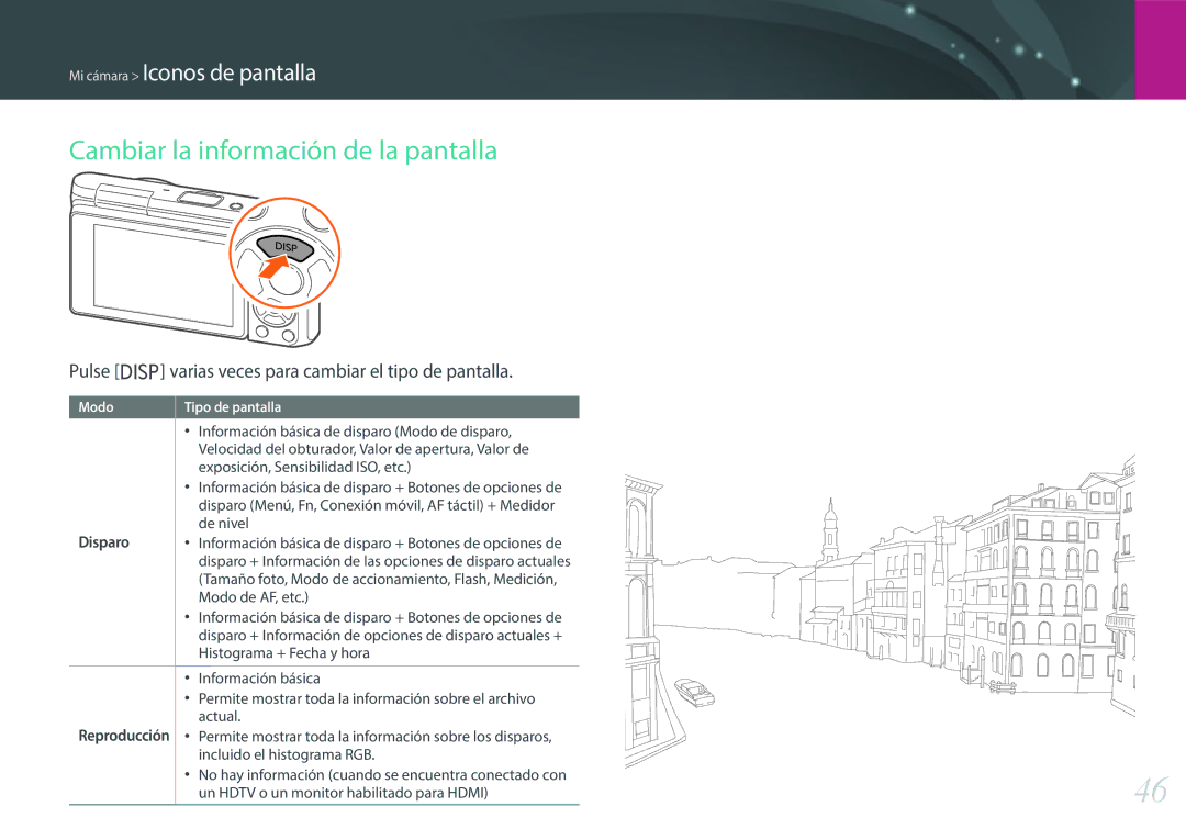 Samsung EV-NXF1ZZB1JES manual Cambiar la información de la pantalla, Pulse D varias veces para cambiar el tipo de pantalla 