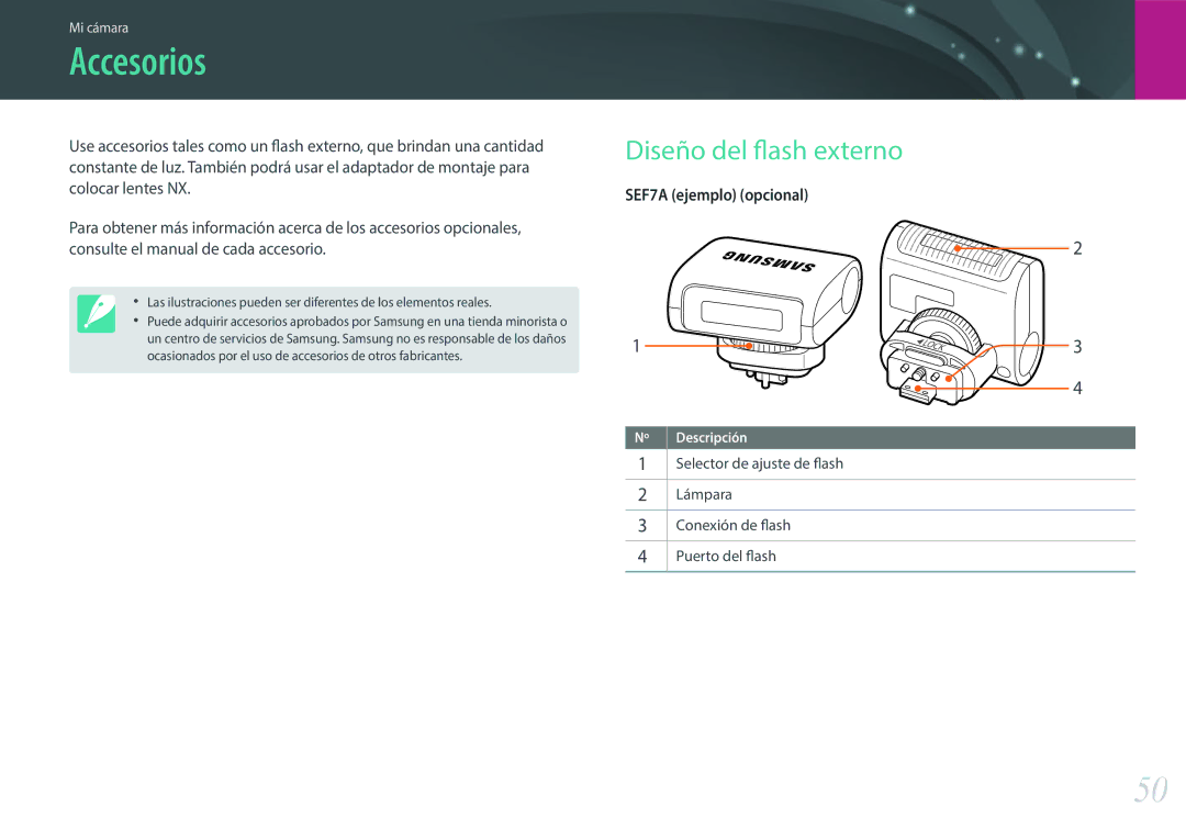 Samsung EV-NXF1ZZB1JES, EV-NXF1ZZB1KES, EV-NXF1ZZB1QES, EV-NXF1ZZB1HES manual Accesorios, Diseño del flash externo 