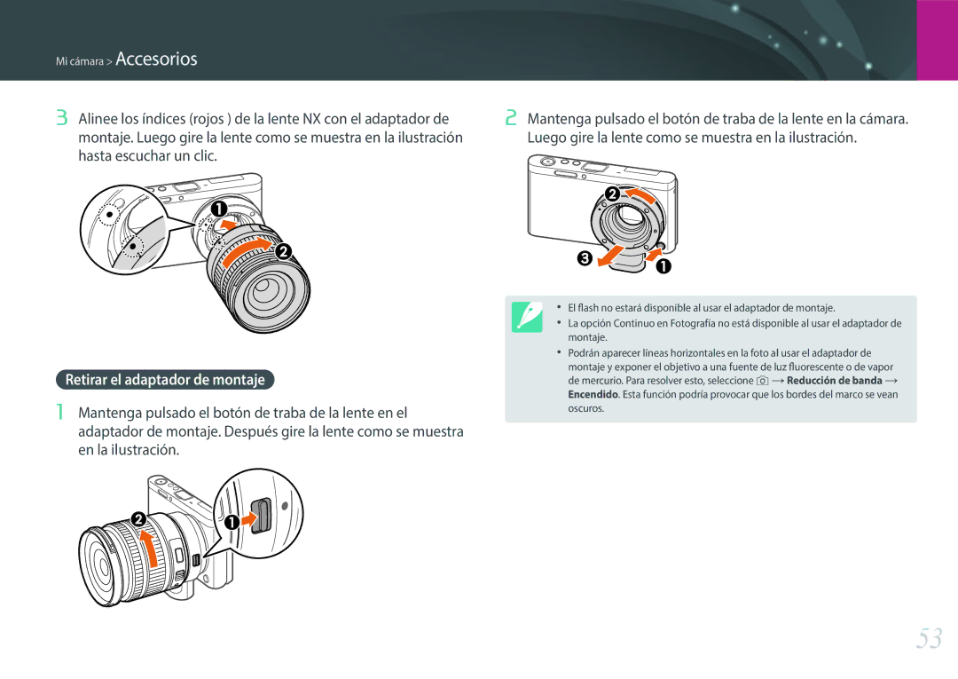 Samsung EV-NXF1ZZB1HES manual Alinee los índices rojos de la lente NX con el adaptador de, Retirar el adaptador de montaje 