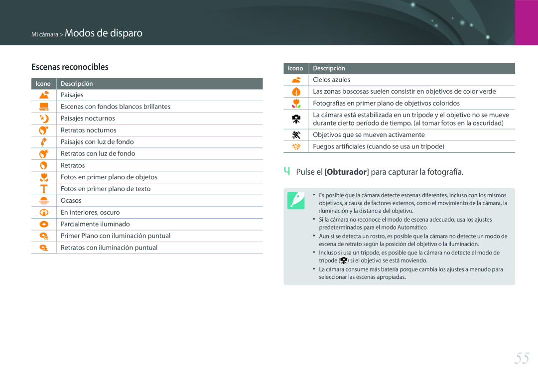 Samsung EV-NXF1ZZB1KES, EV-NXF1ZZB1QES manual Mi cámara Modos de disparo, Pulse el Obturador para capturar la fotografía 