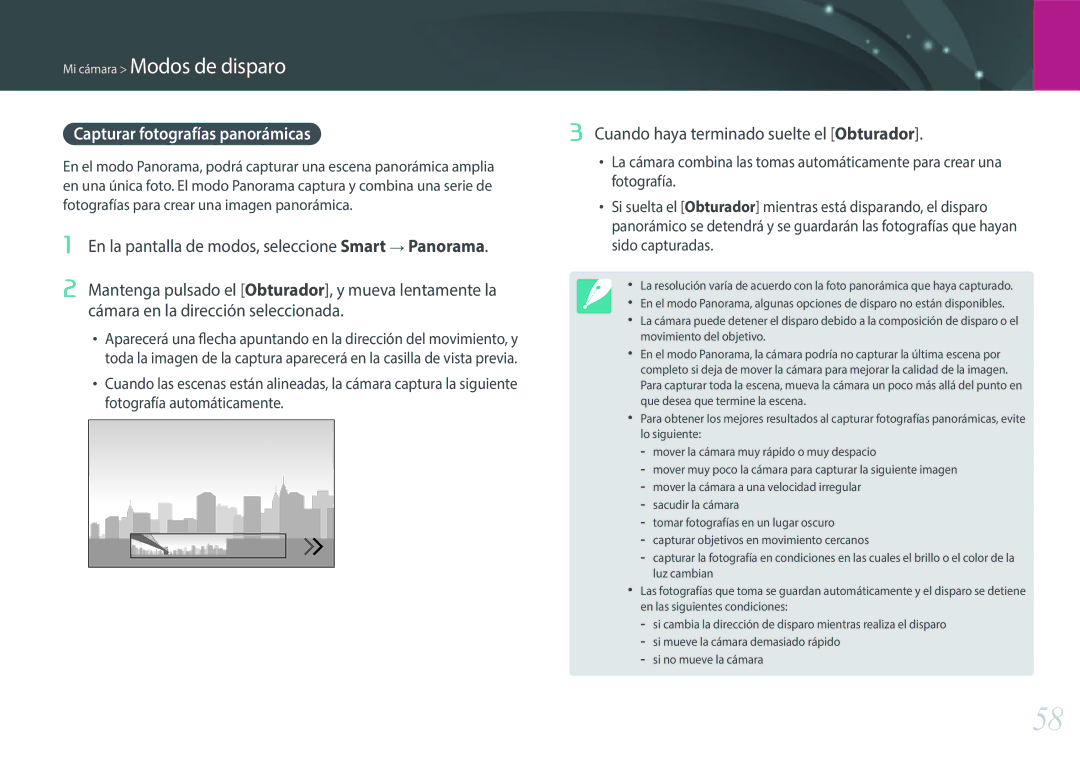 Samsung EV-NXF1ZZB1JES, EV-NXF1ZZB1KES manual Capturar fotografías panorámicas, Cuando haya terminado suelte el Obturador 
