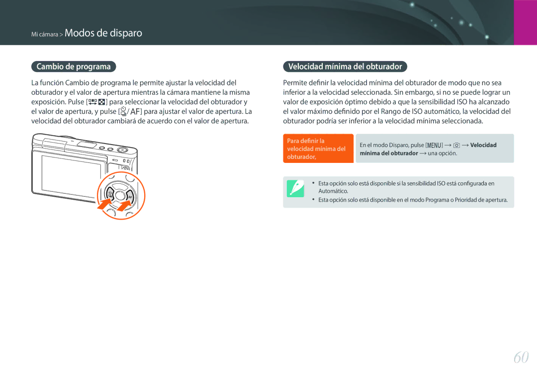 Samsung EV-NXF1ZZB1QES, EV-NXF1ZZB1KES, EV-NXF1ZZB1HES, EV-NXF1ZZB1JES Cambio de programa, Velocidad mínima del obturador 