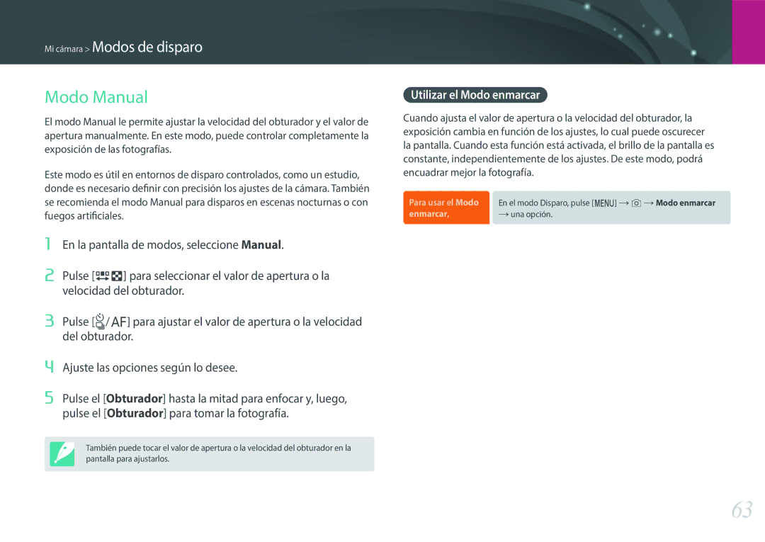 Samsung EV-NXF1ZZB1KES, EV-NXF1ZZB1QES, EV-NXF1ZZB1HES, EV-NXF1ZZB1JES manual Modo Manual, Utilizar el Modo enmarcar 