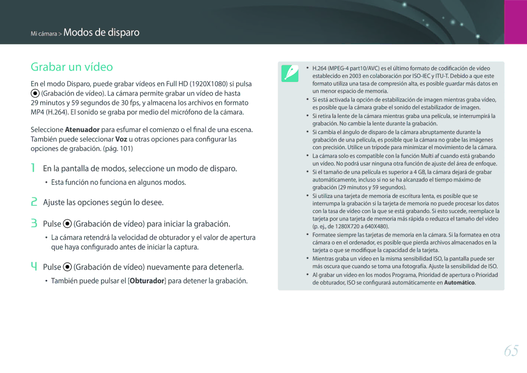 Samsung EV-NXF1ZZB1HES, EV-NXF1ZZB1KES manual Grabar un vídeo, En la pantalla de modos, seleccione un modo de disparo 