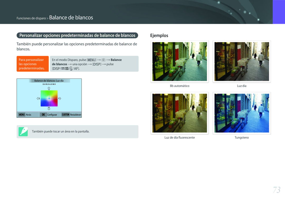 Samsung EV-NXF1ZZB1HES, EV-NXF1ZZB1KES, EV-NXF1ZZB1QES manual Personalizar opciones predeterminadas de balance de blancos 