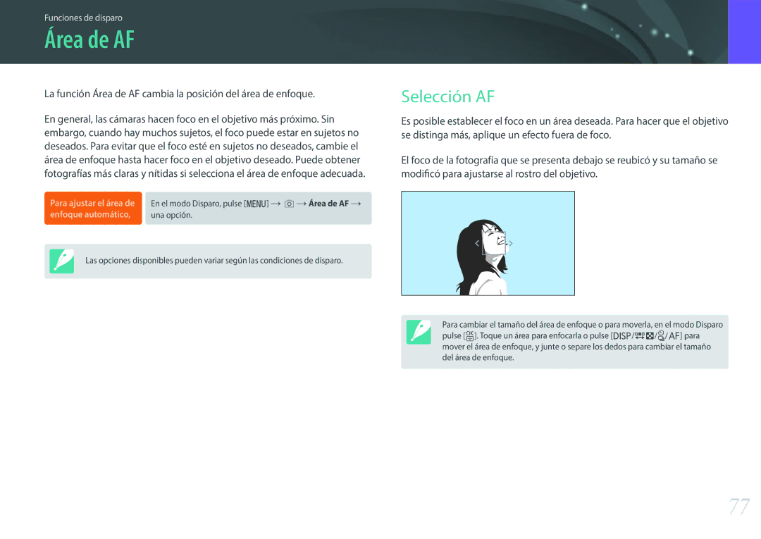 Samsung EV-NXF1ZZB1HES, EV-NXF1ZZB1KES, EV-NXF1ZZB1QES, EV-NXF1ZZB1JES manual Área de AF, Selección AF 