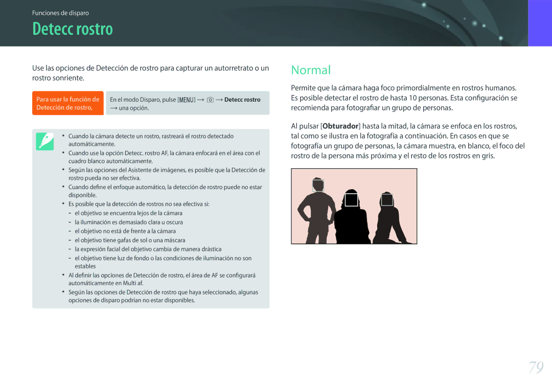 Samsung EV-NXF1ZZB1KES, EV-NXF1ZZB1QES, EV-NXF1ZZB1HES, EV-NXF1ZZB1JES manual Detecc rostro, Normal 