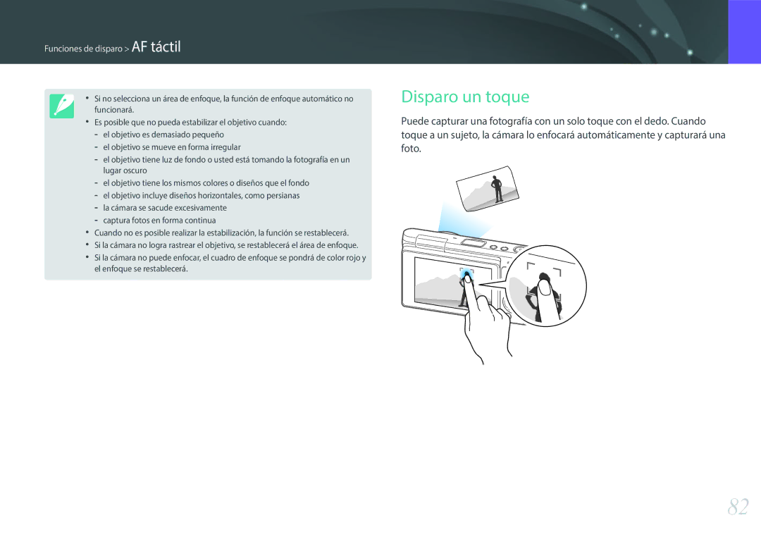 Samsung EV-NXF1ZZB1JES, EV-NXF1ZZB1KES, EV-NXF1ZZB1QES, EV-NXF1ZZB1HES manual Disparo un toque, Funciones de disparo AF táctil 