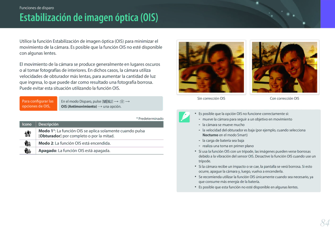 Samsung EV-NXF1ZZB1QES, EV-NXF1ZZB1KES, EV-NXF1ZZB1HES, EV-NXF1ZZB1JES manual Estabilización de imagen óptica OIS 