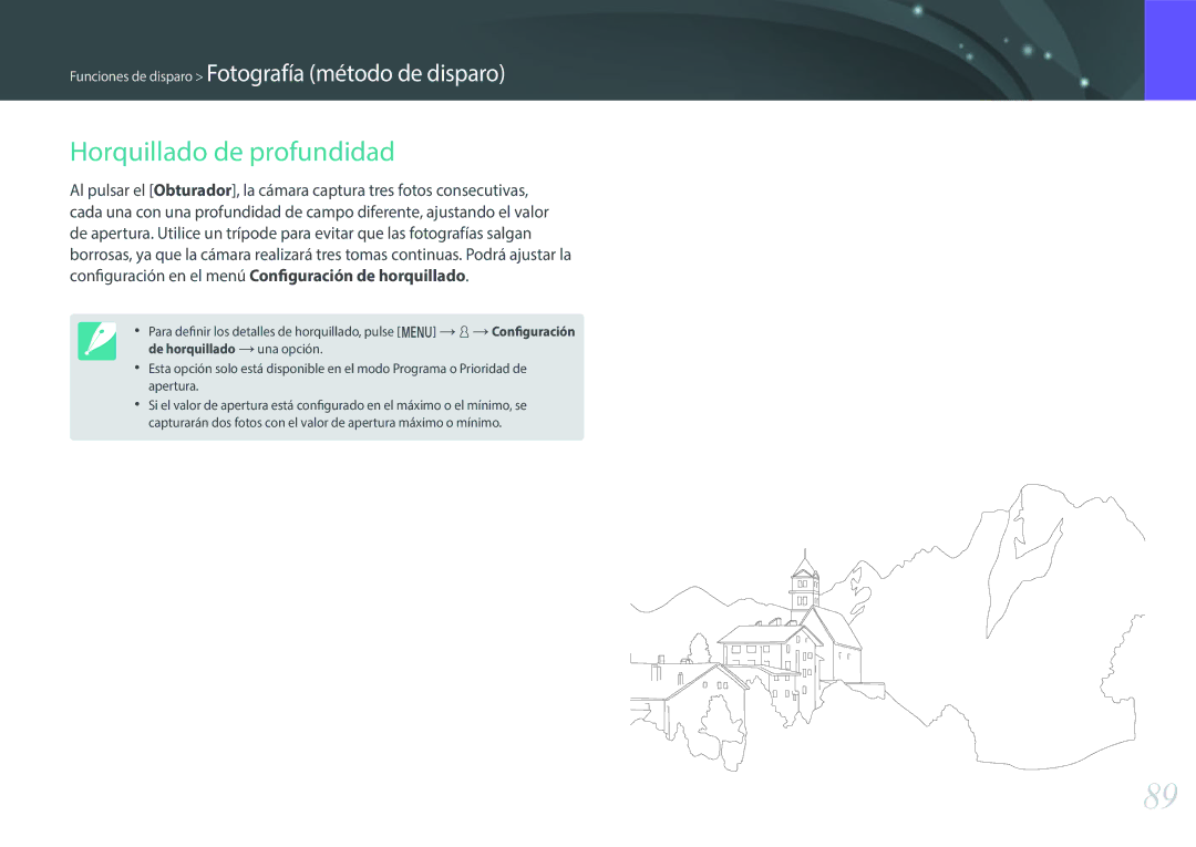 Samsung EV-NXF1ZZB1HES, EV-NXF1ZZB1KES, EV-NXF1ZZB1QES, EV-NXF1ZZB1JES Horquillado de profundidad, Configuración en el menú 